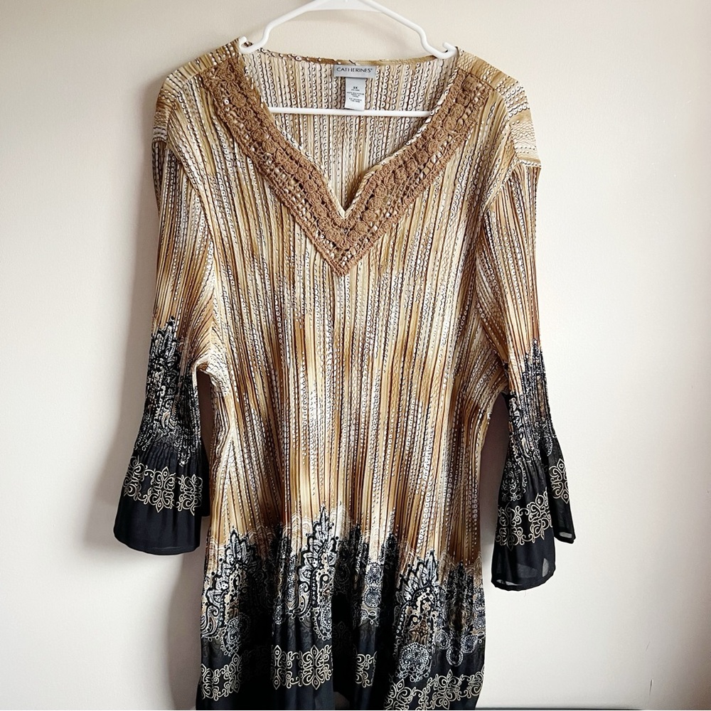 Catherine’s Brown Pleated Embroidered Paisley Y2K 90’s Tunic Blouse